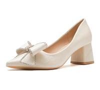 Chaussures De Mariage Femme Escarpins Noces À Talon Bloc Escarpins À Talon Chaussures Robe Épaisses À Bout Pointu avec Nœud en Strass pour Bureau Et Cocktail,Apricot(Heel:3cm),39 EU