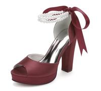 Chaussures De Mariage Ouvertes À l'avant pour Femmes, Sandales De Mariée À Plateforme Talon Épais Chaussures De Mariée,Burgundy,36 EU