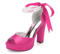 Chaussures De Mariage Ouvertes À l'avant pour Femmes, Sandales De Mariée À Plateforme Talon Épais Chaussures De Mariée,Fuchsia,36 EU