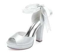 Chaussures De Mariage Ouvertes À l'avant pour Femmes, Sandales De Mariée À Plateforme Talon Épais Chaussures De Mariée,Argent,36 EU