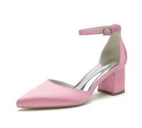 Chaussures De Mariage pour Femmes À Bout Fermé Et Pointu pour Mariée Talon Bloc Épais Sandales De Bal en Satin pour Mariage,Rose,43 EU