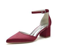 Chaussures De Mariage pour Femmes À Bout Fermé Et Pointu pour Mariée Talon Bloc Épais Sandales De Bal en Satin pour Mariage,Burgundy,40 EU