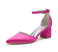 Chaussures De Mariage pour Femmes À Bout Fermé Et Pointu pour Mariée Talon Bloc Épais Sandales De Bal en Satin pour Mariage,Fuchsia,36 EU