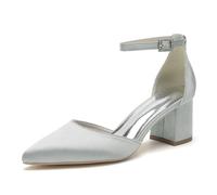 Chaussures De Mariage pour Femmes À Bout Fermé Et Pointu pour Mariée Talon Bloc Épais Sandales De Bal en Satin pour Mariage,Argent,37 EU