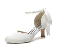 Chaussures de Mariage pour Femmes à Bride Cheville en Perles, Escarpins à Petit Talon, Chaussures de mariée en Satin, Chaussures à Bout Rond, Sandales pour fête de Mariage,Ivoire,42 EU