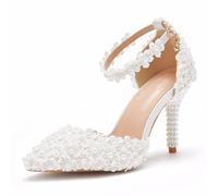Chaussures De Mariage Pour Femmes, Sandales À Talons Hauts Blancs De 9 Cm, Escarpins De Mariée Robe De Demoiselle D'honneur Fleur En Dentelle Talons Fins Confortables Fête De Banquet , 43 EU,White