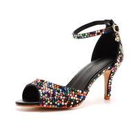 Chaussures de mariée de Mariage pour Femmes, 7 cm Bout Rond Strass Mode Talons Aiguilles Bout Ouvert Pompe Talon Sandales,Noir,37