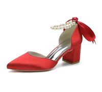 Chaussures De Mariée en Satin Bout Pointu Femme Talon Bloc Bride Perle Nœud Talons De Mariage Élégants Sandales Habillées Style Formel pour Cérémonie De Mariage Et Soirée,Rouge,37 EU