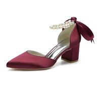 Chaussures De Mariée en Satin Bout Pointu Femme Talon Bloc Bride Perle Nœud Talons De Mariage Élégants Sandales Habillées Style Formel pour Cérémonie De Mariage Et Soirée,Wine Red,40 EU