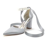 Chaussures de mariée Femmes Escarpin à Talon Bout Pointu à Talon en Satin avec Pearl Ruban Cravate,Argent,39 EU