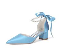 Chaussures De Mariée pour Femme À Bout Pointu avec Perles Satin Talon Bloc Épais Escarpins De Mariée avec Bride Autour De La Cheville,Sky Blue,38 EU