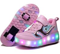 Chaussures De Patin à roulettes LED avec Roues Doubles pour Filles Garçons 7 Couleurs USB Rechargeable en Ligne Rétractable Chaussures De Skateboard Techniques Sport De Plei, Pink, 27 EU