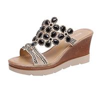 Chaussures de plage respirantes pour femme - Orteils en strass - Sandales compensées pour l'été, Noir , 35 EU