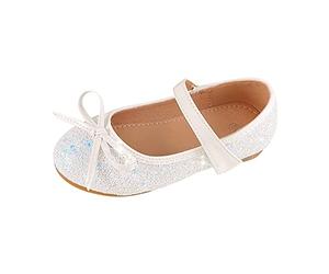 Chaussures de princesse Mary Jane pour filles avec nœud - Mocassins d'école scintillants à paillettes - Chaussures de fête à talons bas - Ballerines plates à enfiler pour fête d'anniversaire, blanc
