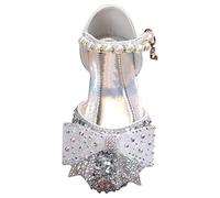 Chaussures de princesse scintillantes pour enfants à talons bas - Chaussures Mary Jane à bout fermé avec nœud en perles - Sandales à paillettes pour demoiselle d'honneur, fête de mariage, communion