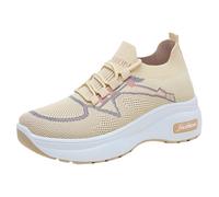 Chaussures de Sport Basket Orthopedique Femme Dames Couleur Unie Respirant Bout Rond À Lacets Bas Haut Plat Sport Sneakers Chaussures de Femme (Beige,41)