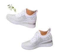 Chaussures de sport pour femme avec strass scintillants, à la mode, respirant, talon compensé, baskets à plateforme scintillantes, chaussures à enfiler confortables en maille avec cristaux, Blanc