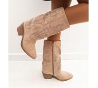 Chaussures de style STYLEE pour femmes Bottes mi-mollet de style campagnard avec un talon large et une pointe pointue, décorées de broderies et d'appliqués brillants, fermeture éclair latérale pour un