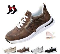 Chaussures de tennis à plateforme avec zip pour femme, baskets à talon compensé, chaussures orthopédiques pour le tennis pour femme 2025 en cuir à enfiler, marron, 10 UK Wide