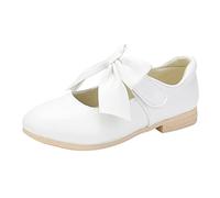 Chaussures d'école en cuir blanc pour filles avec barre en T avec nœud et sangle auto-agrippante, chaussures de princesse confortables et décontractées pour la performance et le jeu, 03 Blanc, 35 EU