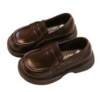 Chaussures d'école pour filles - Couleur unie - Boucle - Fermeture éclair - Semelle souple - En cuir - Antidérapantes - Perles - Talons bas - Chaussures élastiques à lacets confortables, 04 Marron, 32