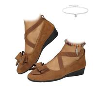 Chaussures décontractées à talons compensés pour femme avec nœud et sangle croisée et bout rond - Chaussures Mary Jane élégantes en daim confortable à enfiler, marron, 0 UK Wide