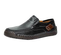 Chaussures décontractées en cuir pour homme - Large largeur à bout rond - Chaussures en cuir confortables sans lacets - Chaussures bateau sans lacets faciles à mettre et à enlever - Semelle