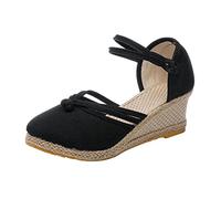 Chaussures d'été pour femme avec talon - Élégantes - Espadrilles blanches - Chaussures de loisirs en lin - Fermées à l'avant - Sandales compensées épaisses - Séchage rapide, Noir , 42 EU