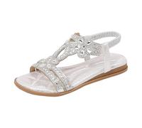 Chaussures d'été pour femme - Confortables - Avec sangle élastique - Style bohème - Chaussures de plage tendance avec motif floral en cristal - Bout ouvert, Argent 01., 45 EU