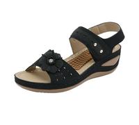 Chaussures d'été pour femme - Sandales compensées avec fleurs - Sandales de plage pour femme - Sandales compensées à bout ouvert - Légères - En cuir synthétique - Sandales compensées, Noir , 39 EU