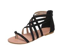 Chaussures d'été pour femmes - Grande taille - Sangle croisée tissée à l'arrière - Fermeture éclair - Sandales romaines plates pour femme - Sandales à bout fermé - Noir, 37