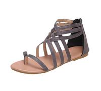 Chaussures d'été pour femmes - Grande taille - Sangle croisée tissée à l'arrière - Fermeture éclair - Sandales romaines plates pour femme - Sandales à bout fermé - Gris, 39