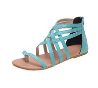 Chaussures d'été pour femmes - Grande taille - Sangle croisée tissée à l'arrière - Fermeture éclair - Sandales romaines plates pour femme - Sandales à bout fermé - Bleu clair, 37