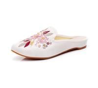 Chaussures En Tissu De Vieux Pékin Brodées De Fleurs Exquises Pour Femmes, Mules Confortables De Style Ethnique À La Mode, Pantoufles À Bout Pointu Légères Et Décontractées Pour La Maison(White,37 EU)
