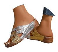 Chaussures Femme Compensees D Ete Sandales Été Pantoufles d'été Pour Femmes Nouvelles Pantoufles Décontractées à Semelle Épaisse Grande Taille Talon Chaussure de Plage Femme Sandals a (Gold 43)