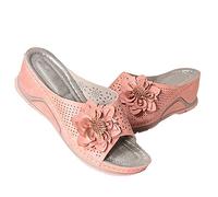 Chaussures Femme Ete Orthopedique Sandales Confort Chaussures Décontractées Confortables pour Femmes Bout Ouvert Plat Creux Fleur Talon Compensé Pantoufles Chausson Piscine Femme Sandales (Pink,39)