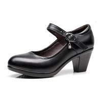 Chaussures Femme Mariage Chaussures de Danse carrées en Cuir à Bout Rond et Talon épais de 6 cm, avec Crochet et Boucle, Talon Moyen, for Femmes, Chaussures de Travail(Black 1,36)