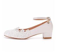 Chaussures Femme Mariage Escarpins Blancs en Dentelle for Femmes, Plateforme, Talons Hauts De 3 Cm, Bride À La Cheville, Chaussures De Bureau, De Soirée, De Danse Et De Mariage(36)