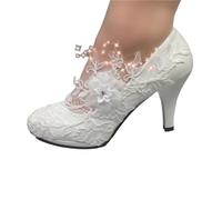 Chaussures Femme Mariage Round-Toe Lace Rhinestone Low-Heel Wedding Shoes Thin High-Heeled Dress Women's Shoes(Height 5cm,39)