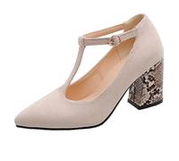 Chaussures Femme Suédine Bride en T Escarpins Talon Bloc Imprimé Serpent Bout Pointu Pumps Mary Jane Sandales pour Bureau Soirée Cocktail Et Événements du Soir,Beige,46 EU