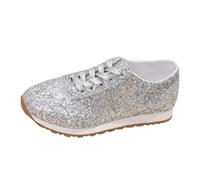 Chaussures festives pour femme et chaussures à lacets plates argentées Chaussures de sport d'extérieur Chaussures basses Noir Paillettes Chaussures légères à lacets Plateforme Baskets en cuir blanc