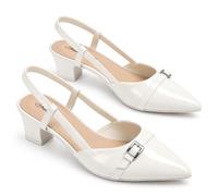 Chaussures habillées à bout pointu et bride arrière pour femme | Dessus en PVC, semelle EVA, talon de 4,80 cm, finition brillante, ornement carré, sangle en T, côtés ouverts