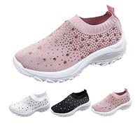 Chaussures larges à enfiler pour femme - Baskets de marche en mousse à mémoire de forme pour femme - Baskets brillantes avec strass antidérapants - Chaussures de sport en maille respirante