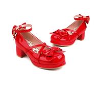 Chaussures Lolita en cuir verni brillant pour femme - Rouge - Bride de mariage - Plateforme à lanières - Bride de cheville - Talons cubains, Rouge, 36 EU