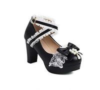 Chaussures Mary Jane à Talons Hauts pour Femmes Sweet Party Festive Lace Bow Pearl Strawberry Cute Dress Shoes