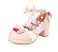 Chaussures Mary Jane à Talons Hauts pour Femmes Sweet Party Festive Lace Bow Pearl Strawberry Cute Dress Shoes