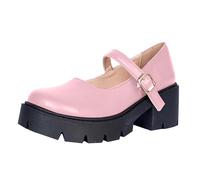 Chaussures Mary Jane pour Femme Talon Carré Plateforme Rétro Boucle Sangle Bout Rond Appartements Bouche Peu Profonde Doux Lolita Princesse Chaussures (Pink, 35)