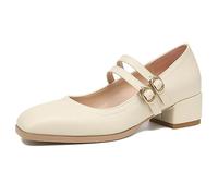 Chaussures Mary-Jane pour Femmes avec Gros Talon Bloc Bas, Escarpins de Travail à Bout fermé, Doubles Brides de Cheville, Escarpins à Bout carré, Chaussures habillées,Beige,37 EU
