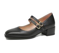 Chaussures Mary-Jane pour Femmes avec Gros Talon Bloc Bas, Escarpins de Travail à Bout fermé, Doubles Brides de Cheville, Escarpins à Bout carré, Chaussures habillées,Noir,42 EU