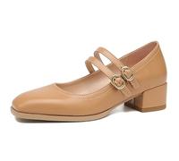 Chaussures Mary-Jane pour Femmes avec Gros Talon Bloc Bas, Escarpins de Travail à Bout fermé, Doubles Brides de Cheville, Escarpins à Bout carré, Chaussures habillées,Marron,41 EU